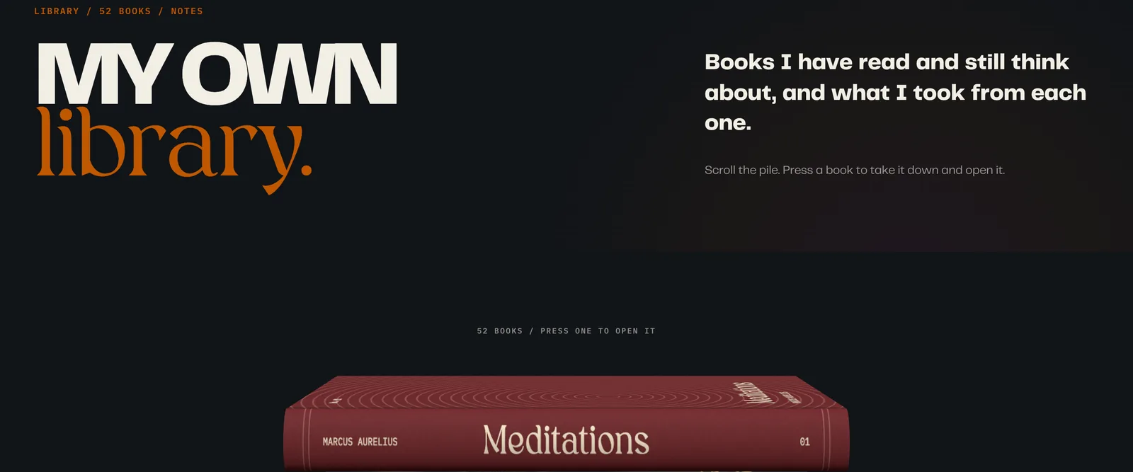 A dark web page titled My own library with a short intro on the right, and a dark red book called Meditations lying at the bottom