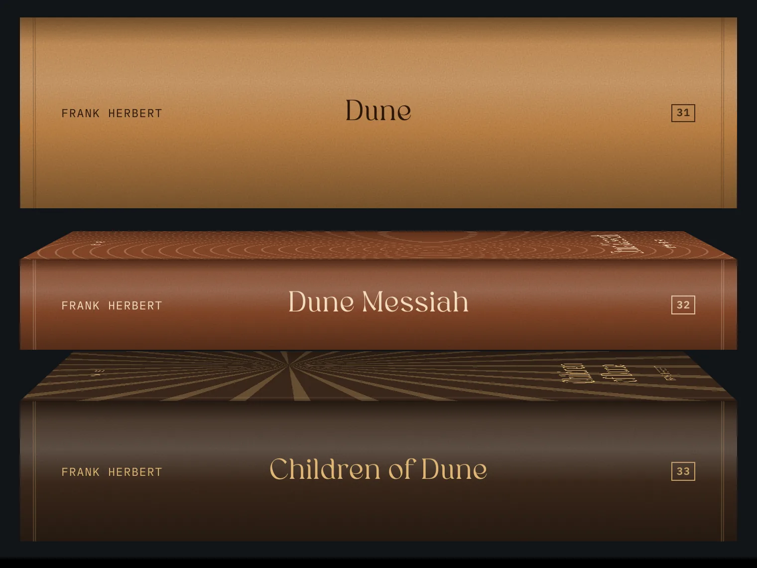 Three books named Dune, Dune Messiah and Children of Dune stacked on a dark background, drawn as flat shaded panels with square corners