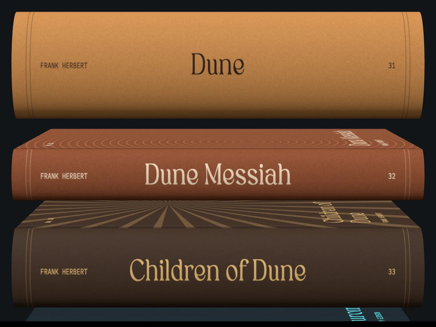 The same three Dune books as lit 3D models with rounded spines, the lower two showing ring and ray patterns on their covers