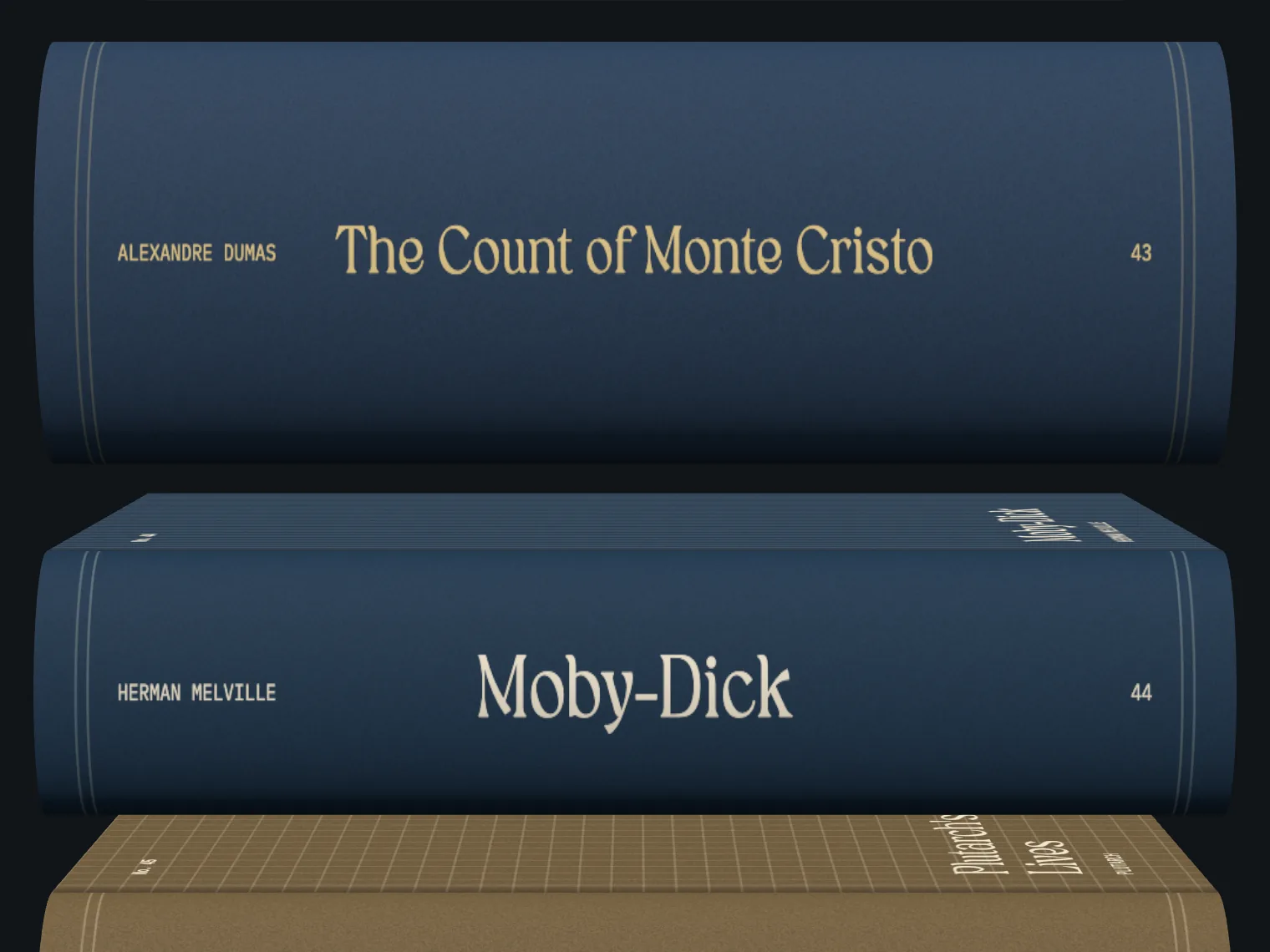 A close view of two dark blue book spines, a very thick one titled The Count of Monte Cristo above a thinner one titled Moby-Dick