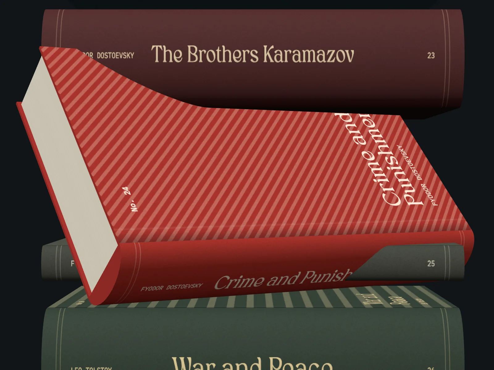 A red 3D book with diagonal stripes tilted out of a stack of books, showing its cover with the title, its rounded spine and the cream page block
