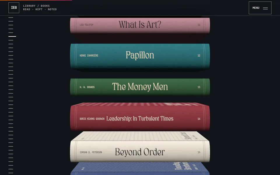 A screen recording of a pile of 3D books scrolling by. One red book lifts, the screen turns red with that book standing beside its title, and then the book opens to a cream title page