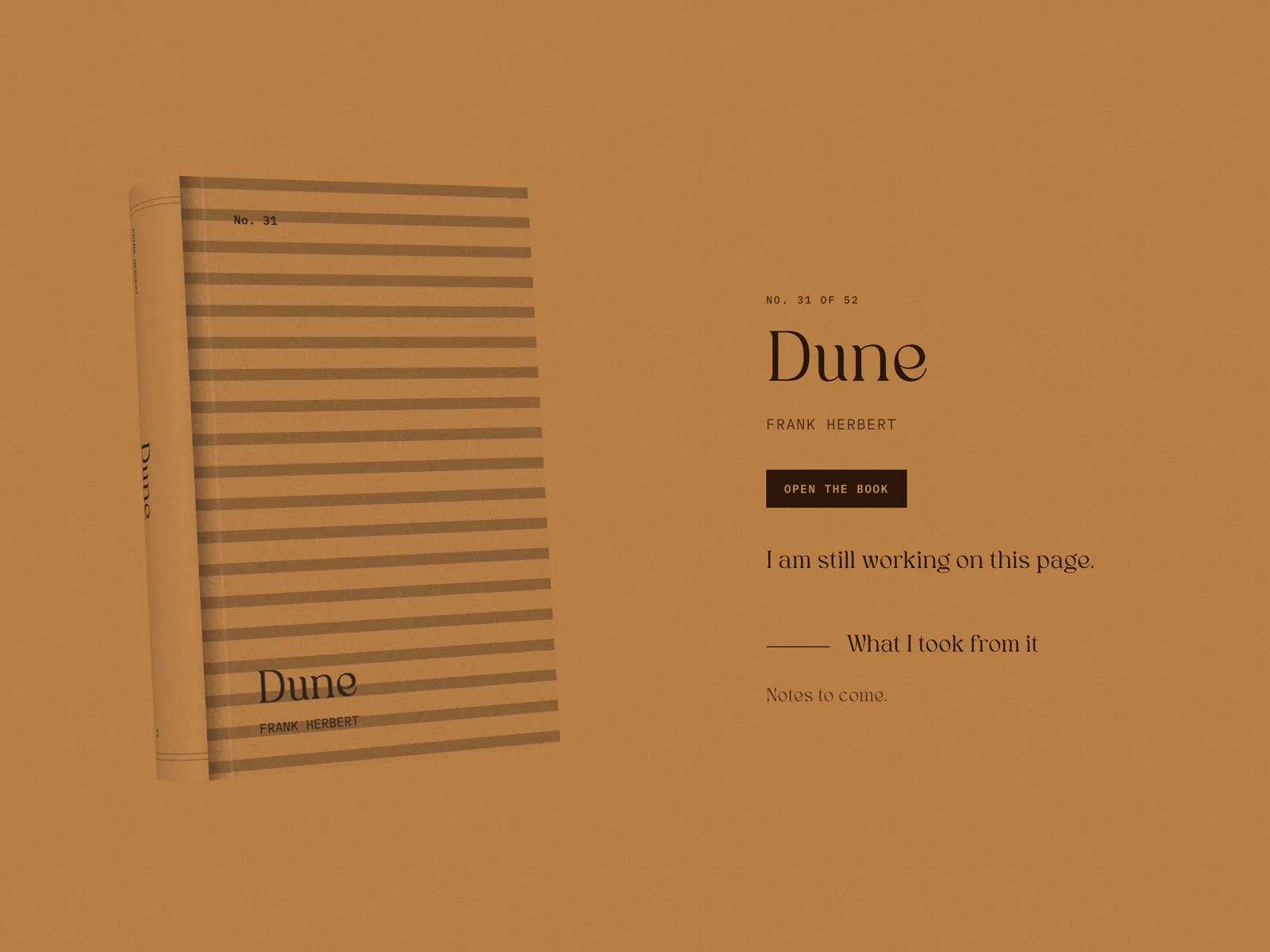 An orange page with a striped 3D book standing at an angle on the left, and on the right the title Dune, the author, an Open the book button and a short notes heading