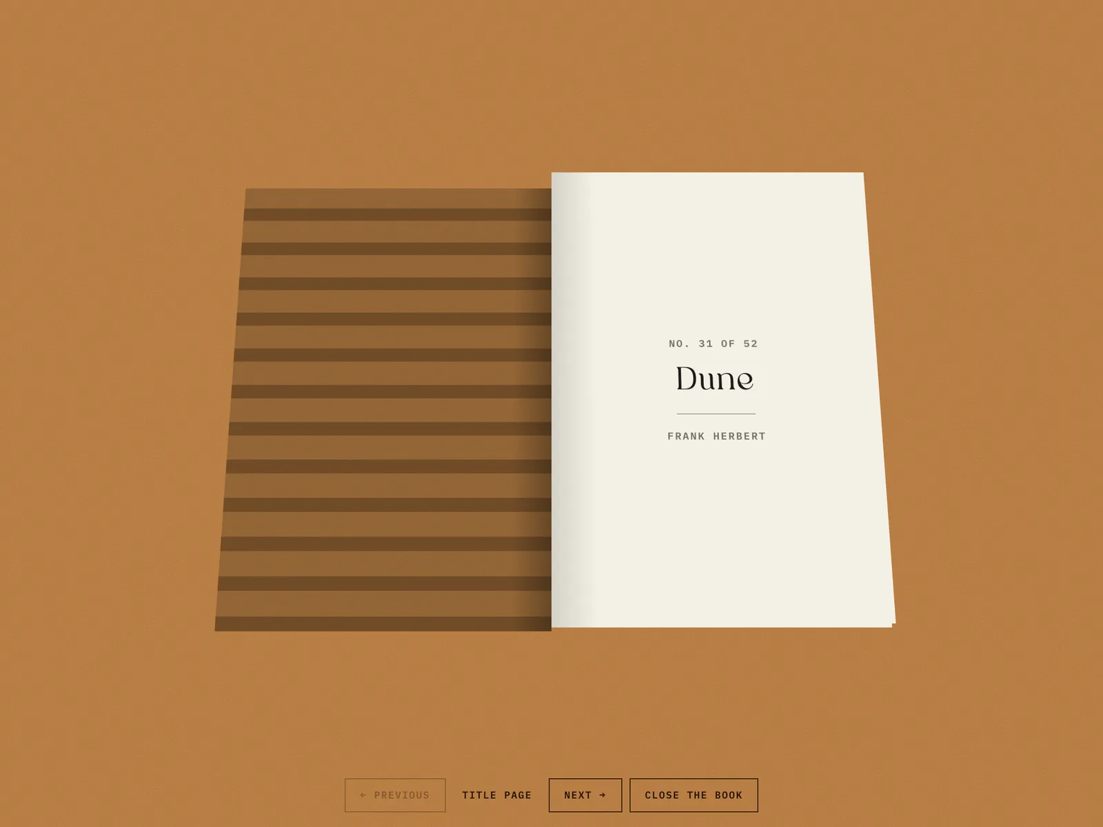 An open book on an orange background, the striped inside cover on the left and a cream title page on the right reading No. 31 of 52, Dune, Frank Herbert, with page buttons below