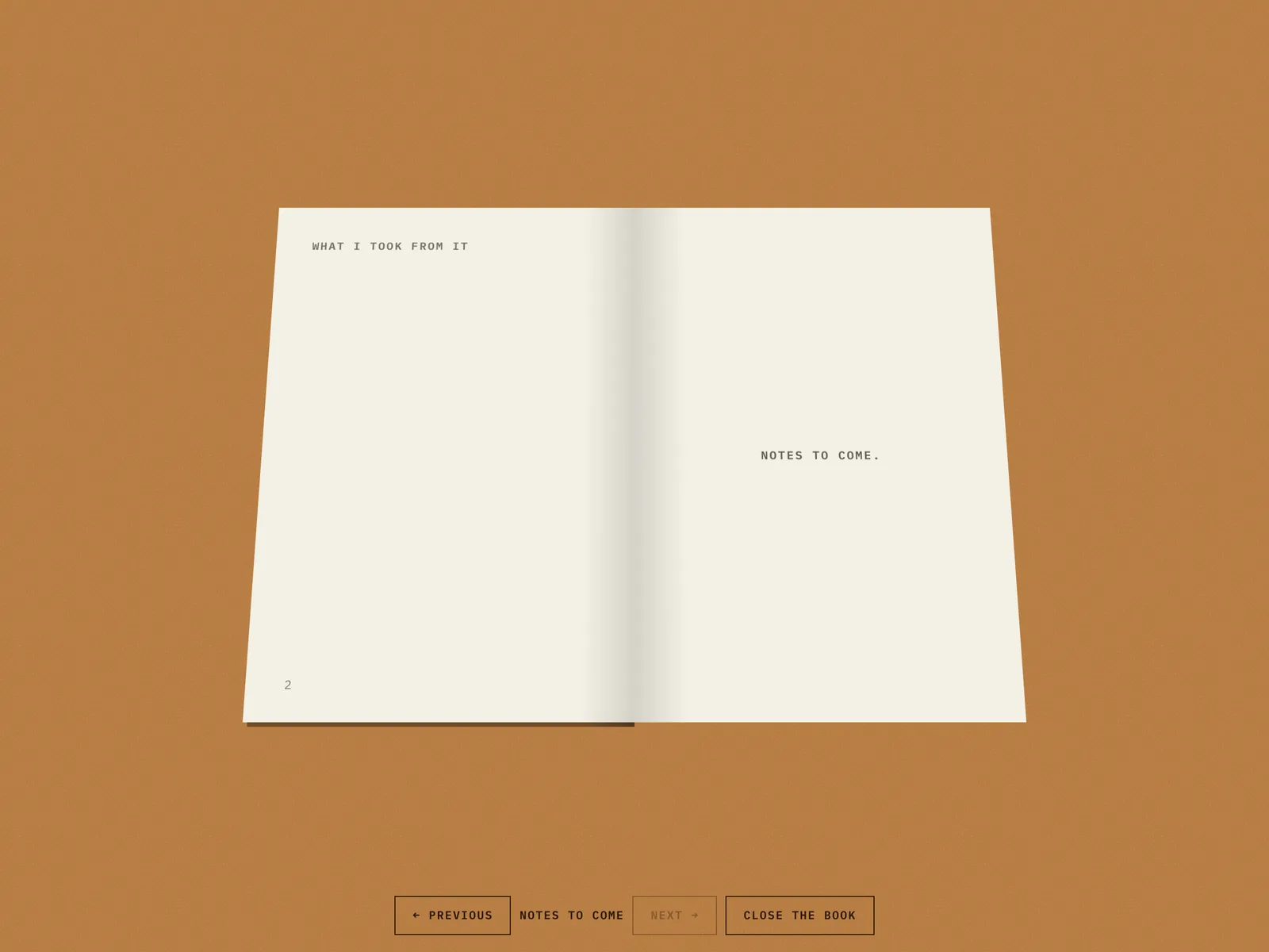 An open book with two cream pages on an orange background, the left page headed What I took from it and the right page reading Notes to come