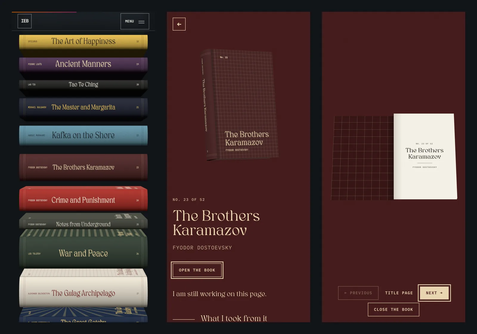 Three phone screenshots side by side, showing a stack of colourful 3D books, a dark red page with The Brothers Karamazov standing above its title, and the same book open on its title page