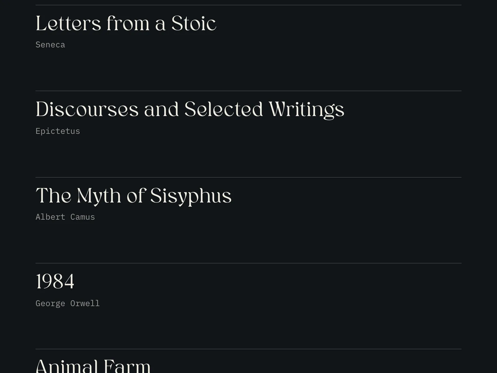 A dark page listing book titles in a serif font with each author in small grey type underneath, separated by thin lines