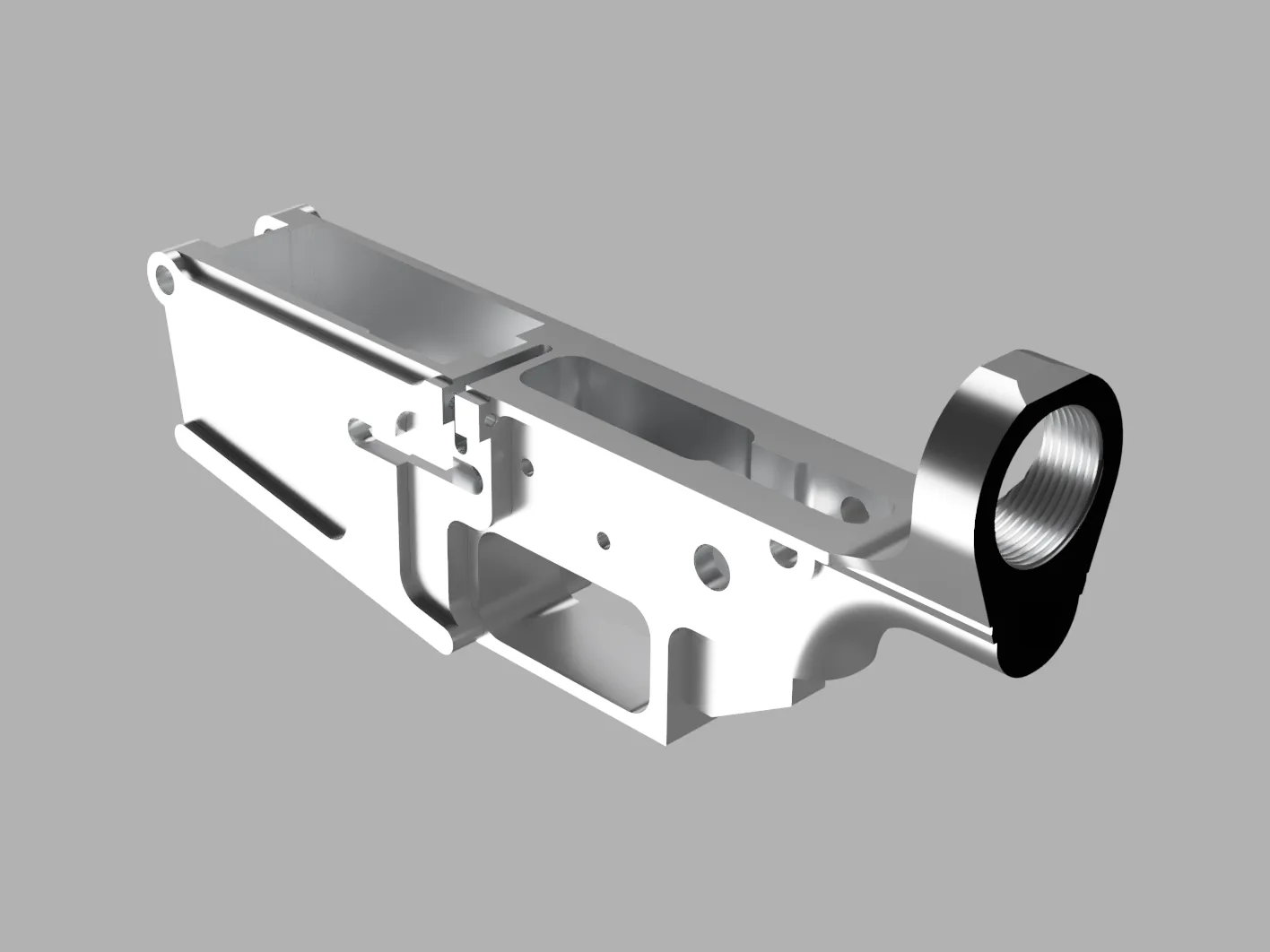 A render of the aluminium lower receiver from behind and above, with the round threaded buffer-tube ring nearest the camera