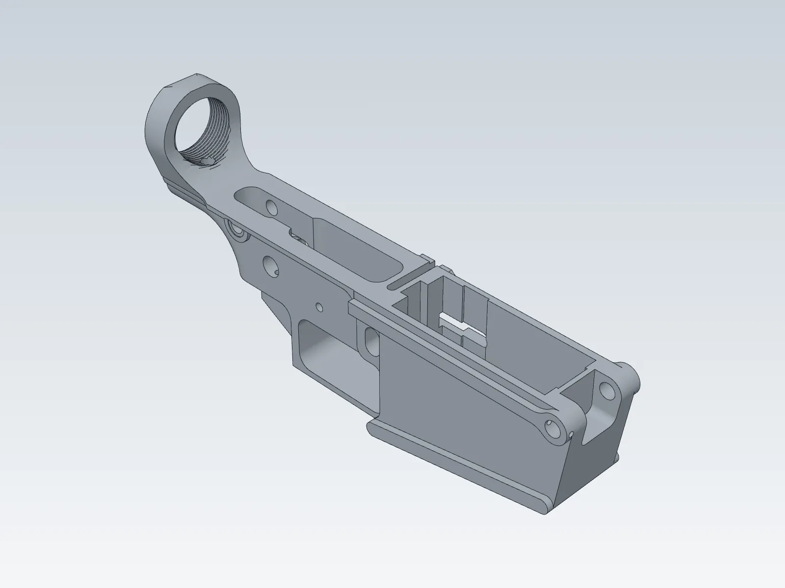 A grey CAD-style view of the lower receiver model with black edge lines, seen from the top front corner