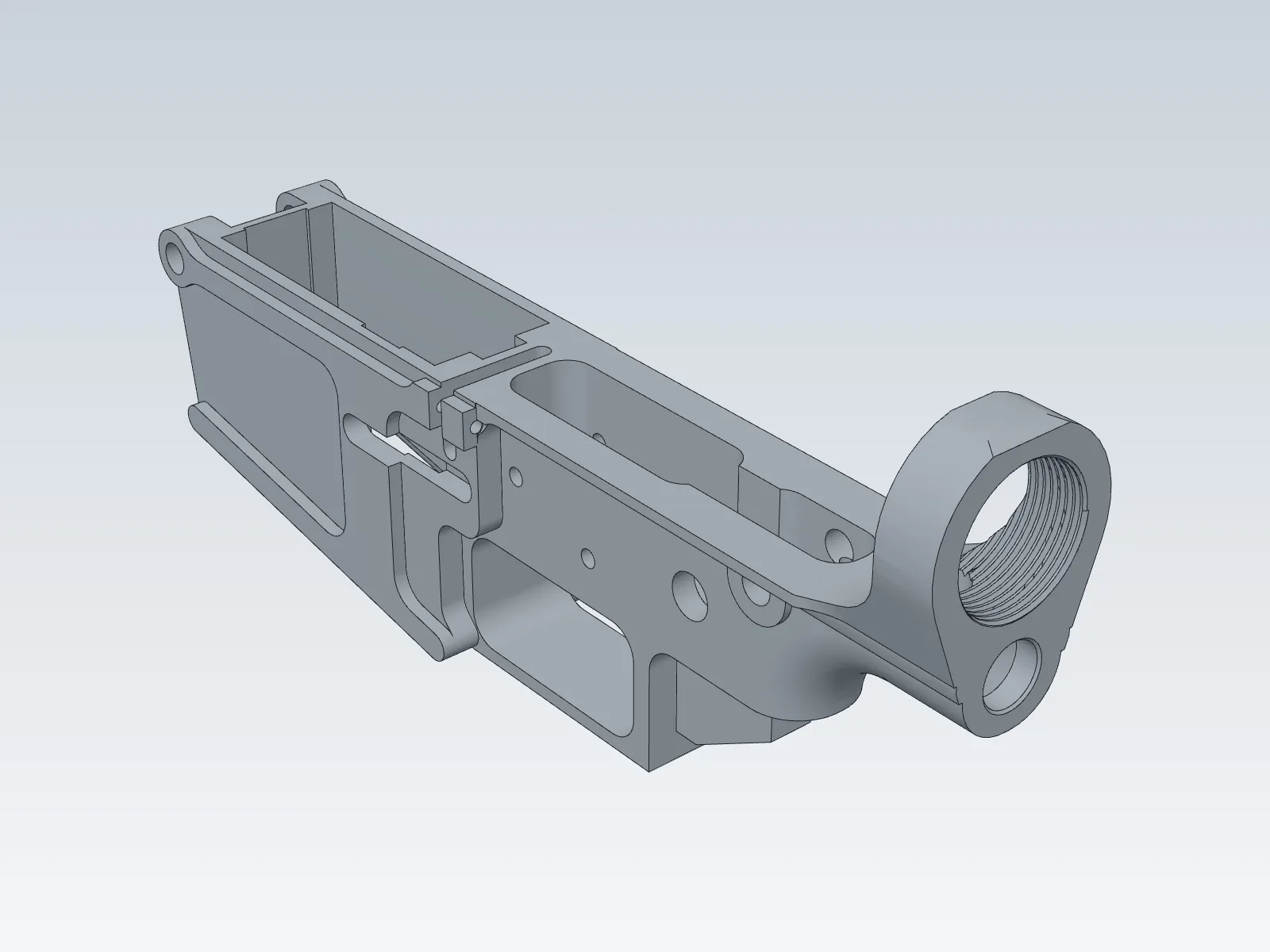 A grey CAD-style view of the lower receiver model with black edge lines, seen from the rear three-quarter with the threaded ring nearest