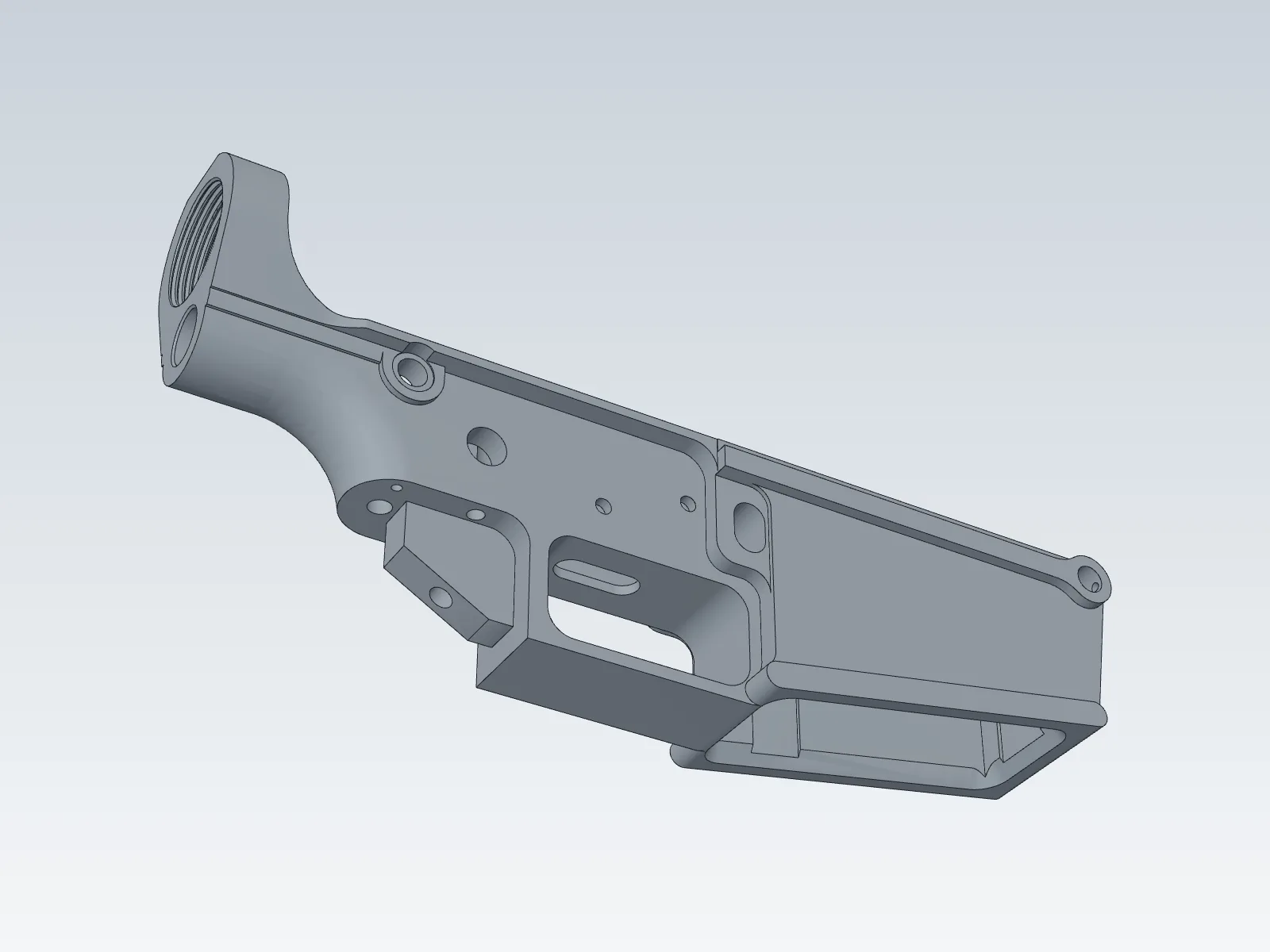 A grey CAD-style view of the lower receiver model with black edge lines, seen from below and to the side