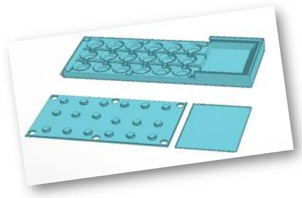 A CAD render of three flat teal panels stacked in an exploded view, the top one covered in a grid of small circular seats