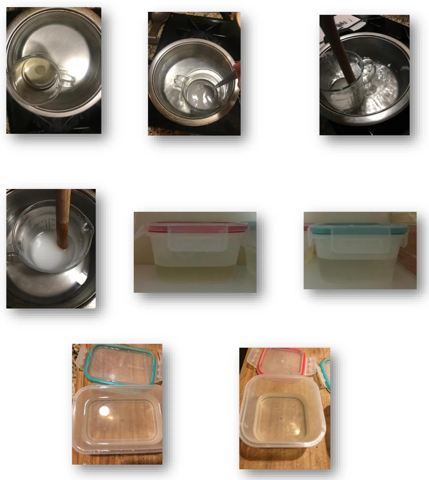 Eight photographs of a glass measuring jug in a saucepan of simmering water, being stirred, and clear plastic containers of solution left to crystallise