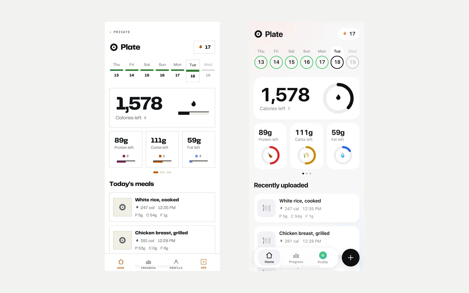 The same two phone screens side by side in a light theme, square fields on the left and rounded cards on the right