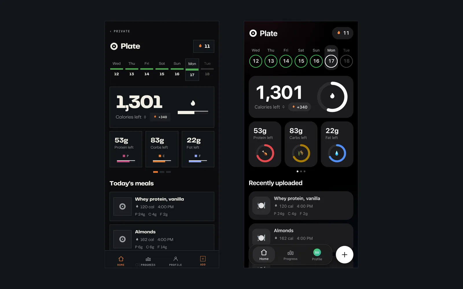 Two phone screens side by side showing the same calorie tracker day, one drawn with square fields and hairline bars, the other with rounded cards and circular rings