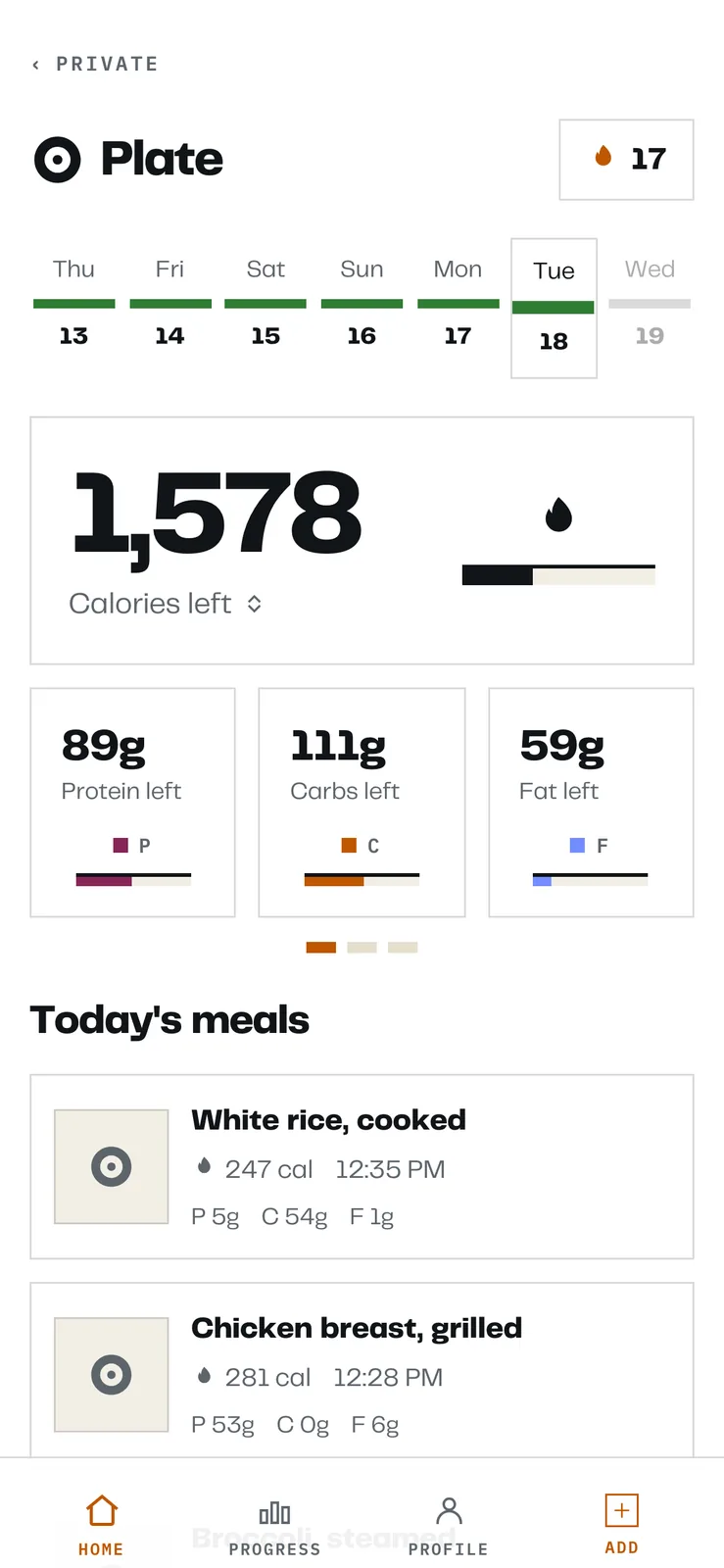The calorie tracker home screen in a light theme with square panels, 1,578 calories left, and flat macro bars