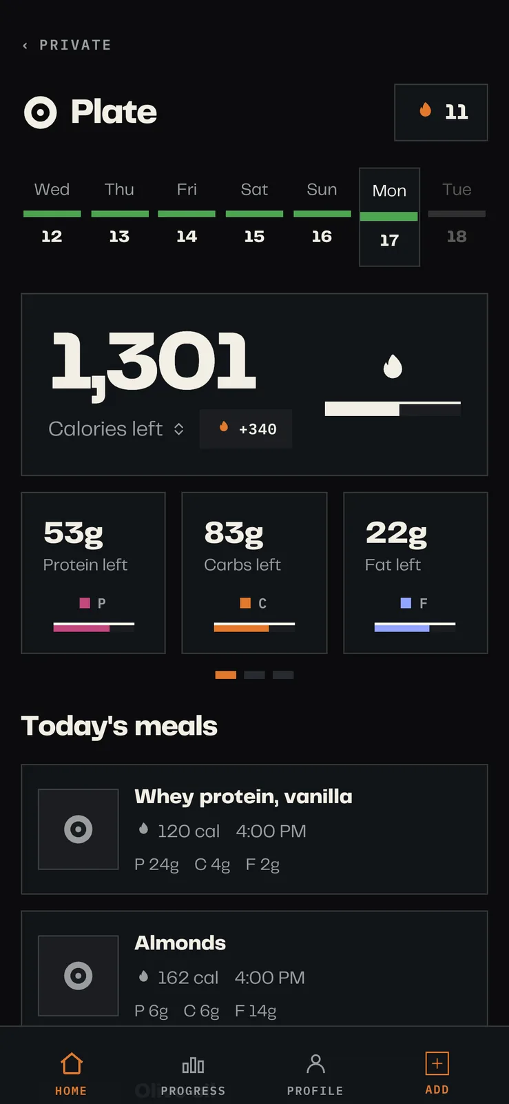 Calorie tracker home screen in a dark theme with square panels, 1,301 calories left, and protein, carbs and fat shown as flat bars