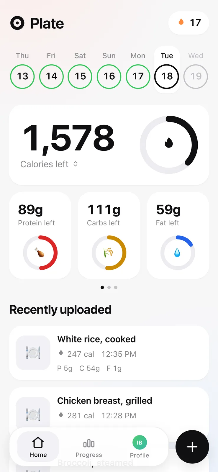 The same home screen in a light theme with rounded white cards and circular macro rings