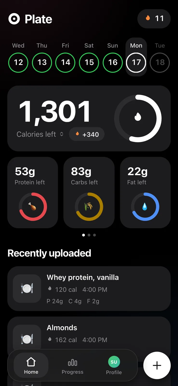 The same calorie tracker home screen drawn with rounded cards, circular progress rings around food emoji, and a floating pill navigation bar