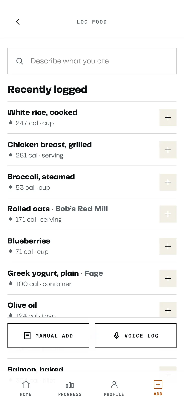 The log food screen in a light theme, recently logged foods separated by hairline rules