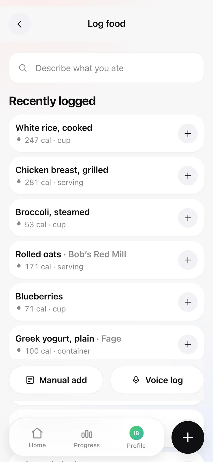 The log food screen in a light theme with each recent food in its own rounded card