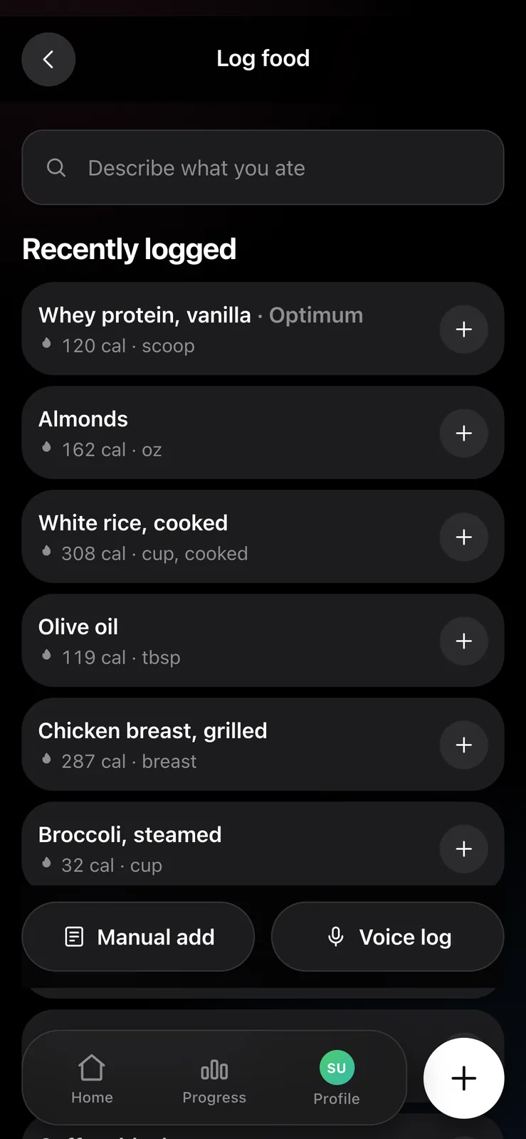 The same log food screen with each recently logged food in its own rounded card