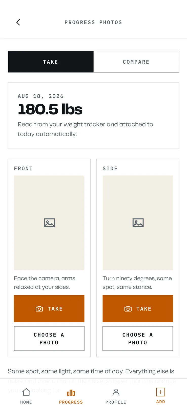 The progress photos screen in a light theme showing 180.5 lbs read from the weight tracker and empty front and side slots