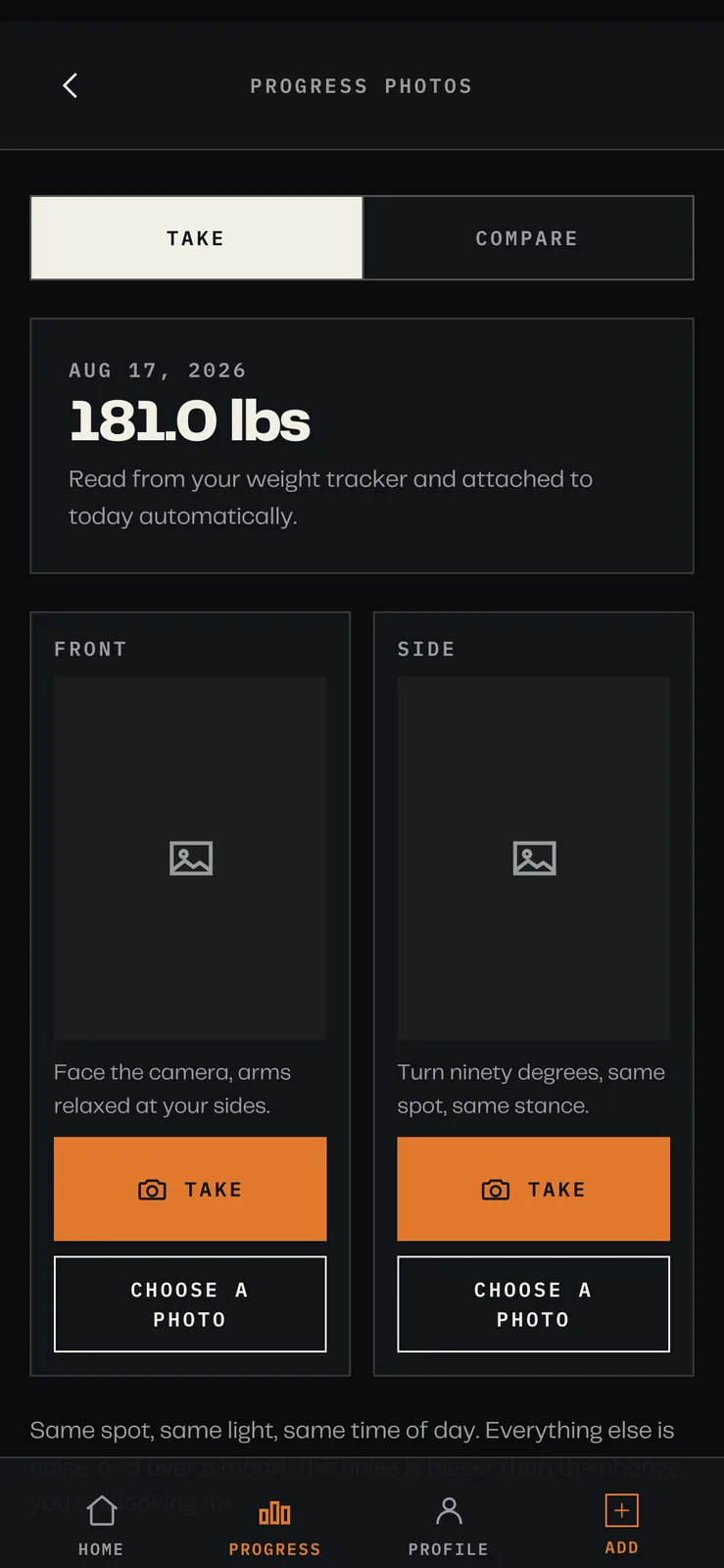 A progress photos screen showing today's date, a weight of 181.0 lbs labelled as read from the weight tracker, and empty front and side photo slots