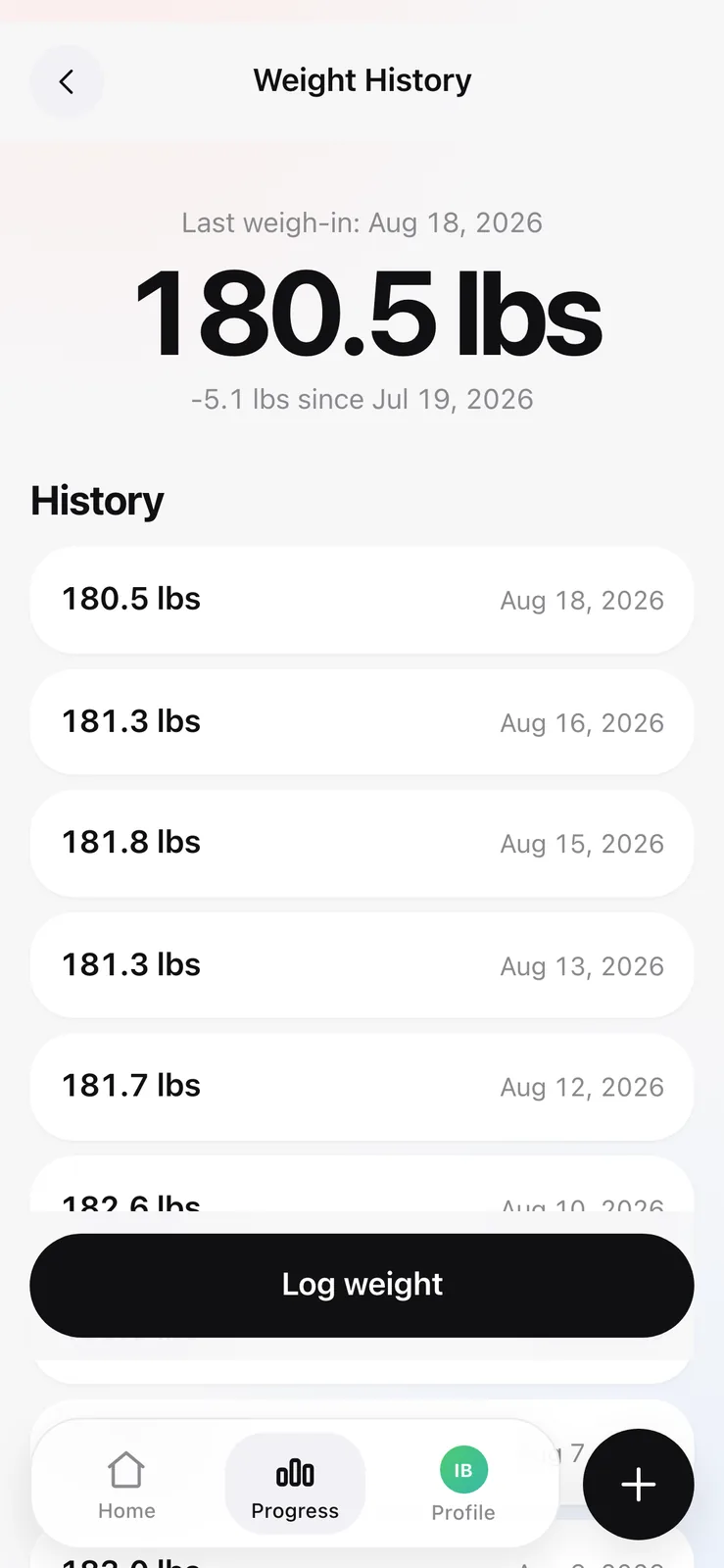 A weight history screen in a light theme listing weigh-ins by date with a log weight button