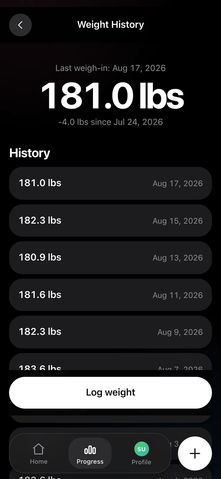 A weight history screen listing weigh-ins by date with a log weight button