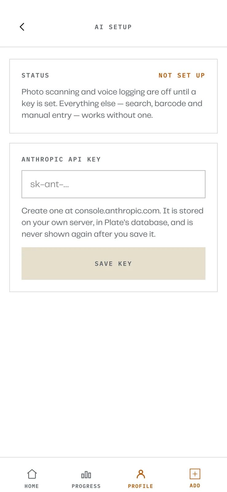 The AI setup screen in a light theme reading NOT SET UP with an empty Anthropic API key field