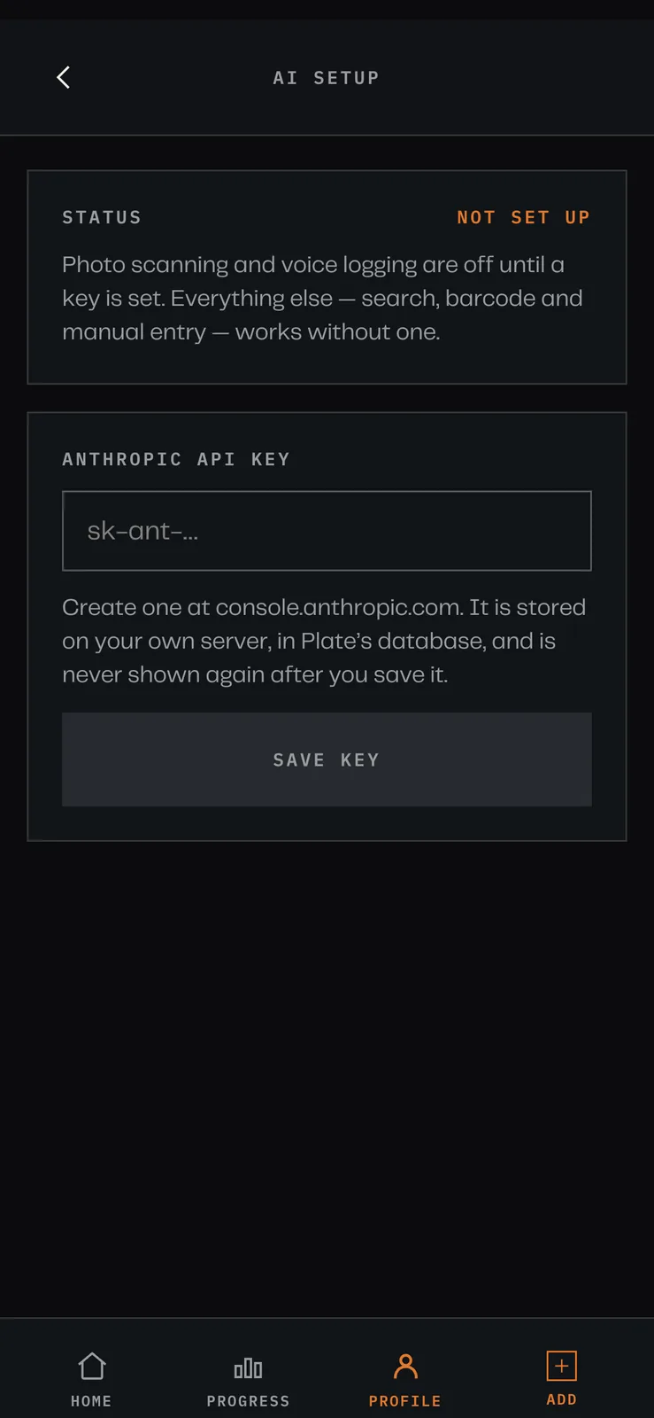 An AI setup screen reading NOT SET UP with an empty field for an Anthropic API key and a save button