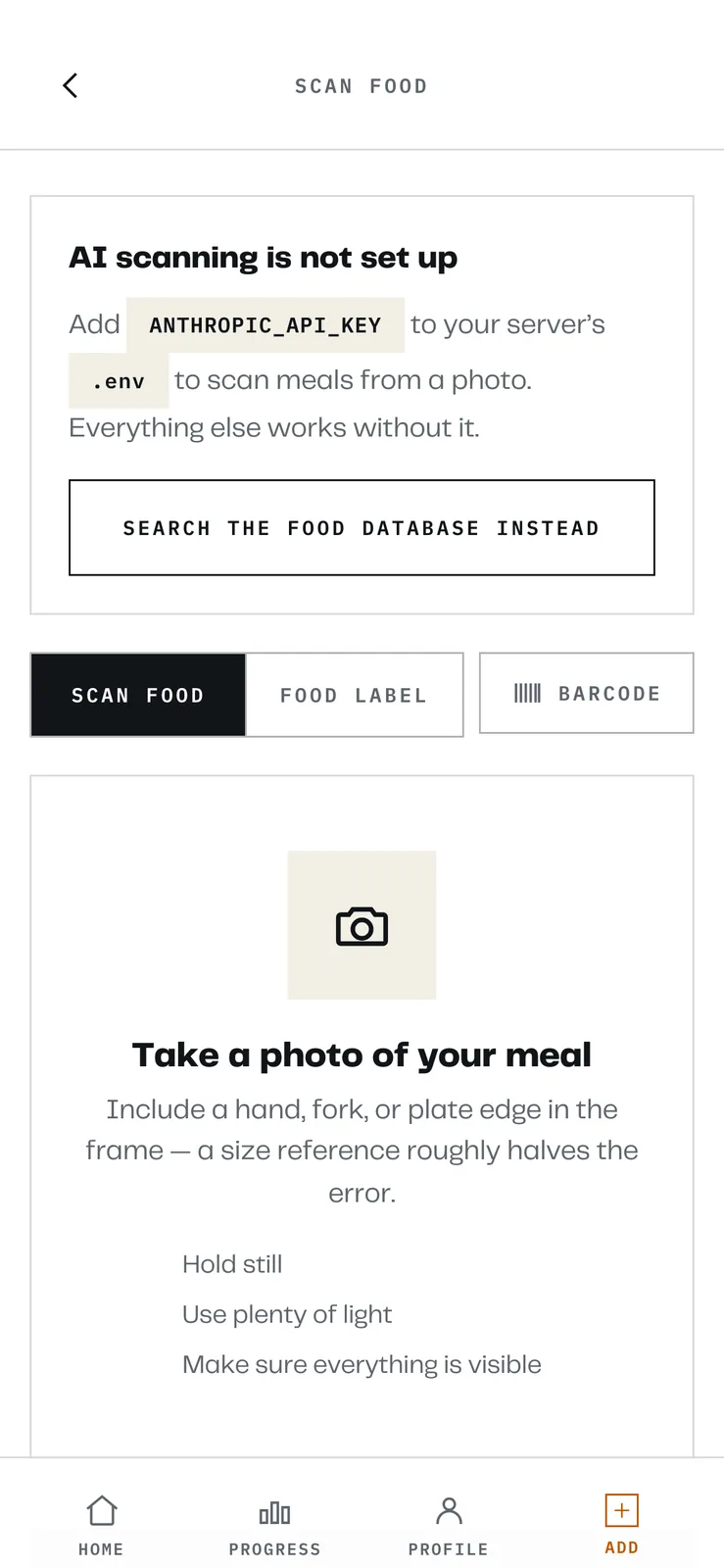 The scan screen in a light theme prompting the user to photograph their meal
