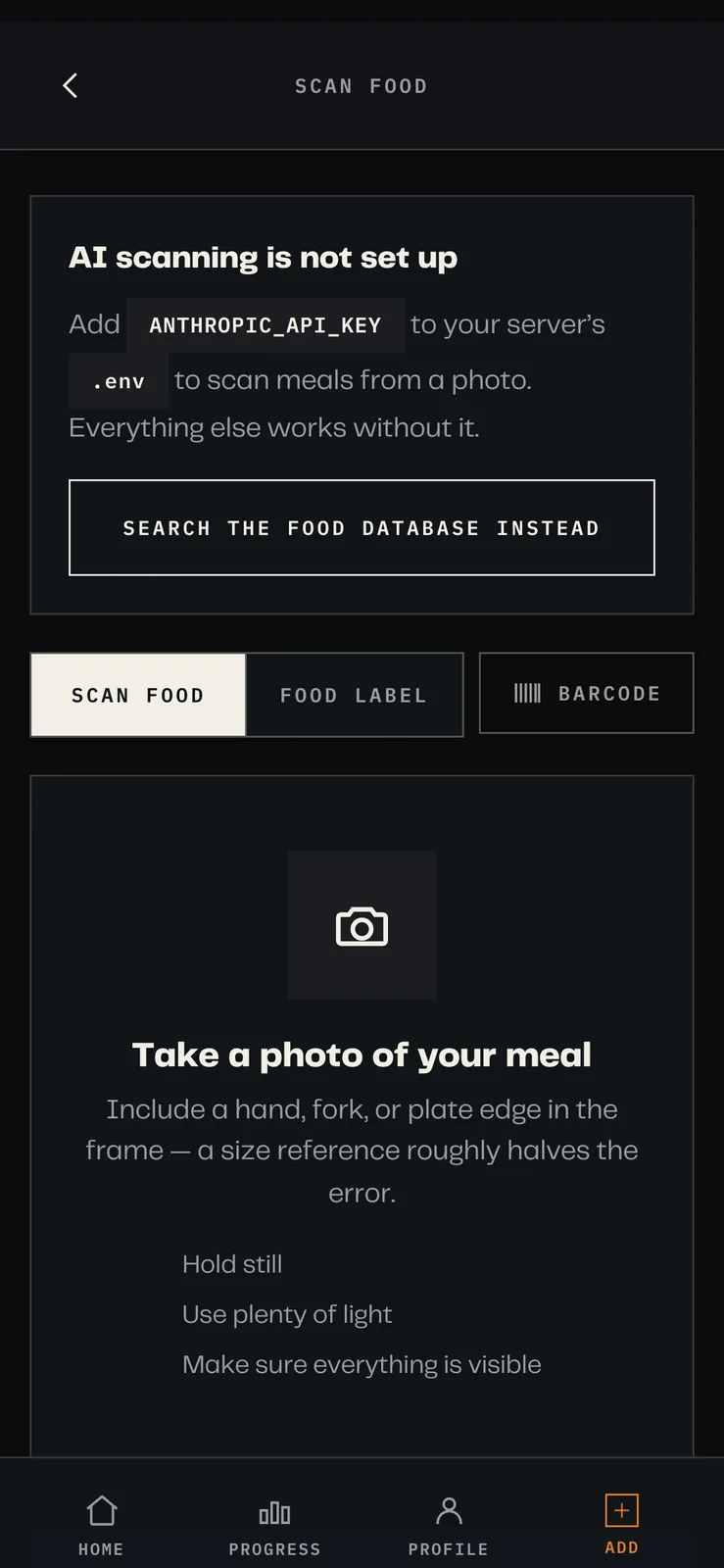 A scan screen prompting the user to photograph their meal