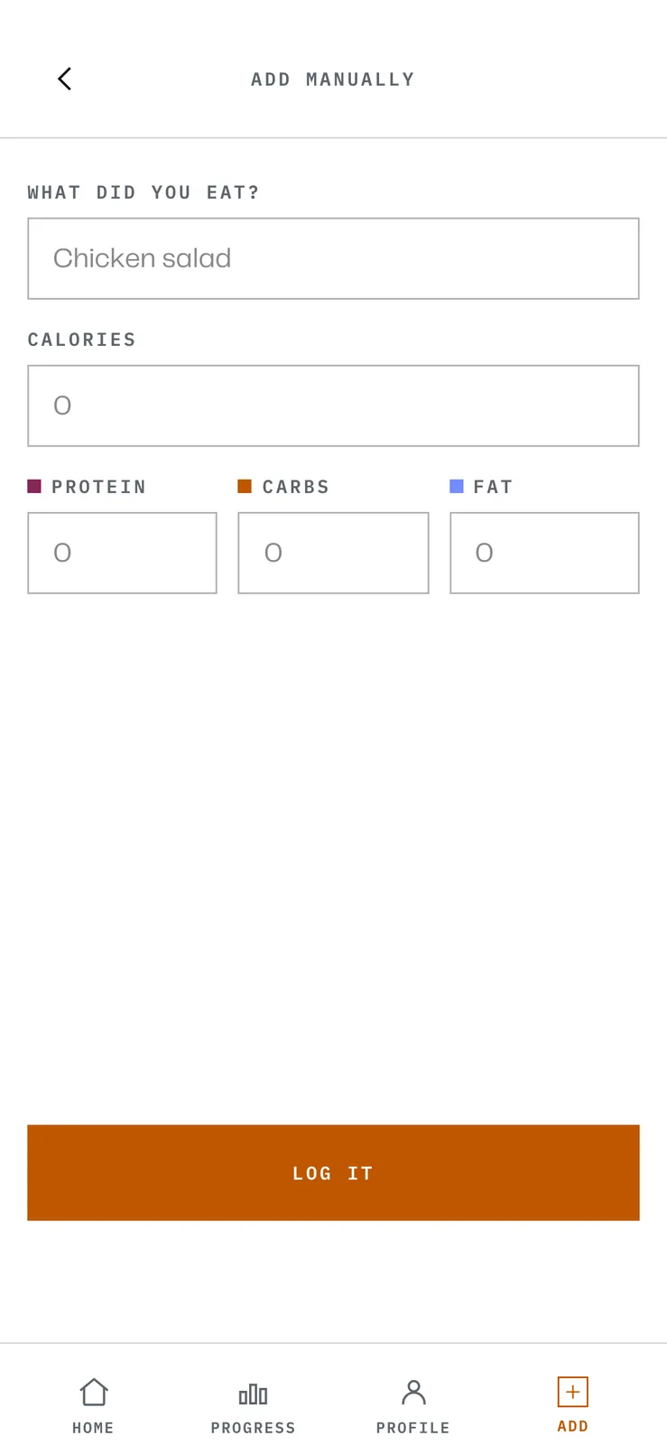 A manual food entry form in a light theme with fields for name, calories and macros