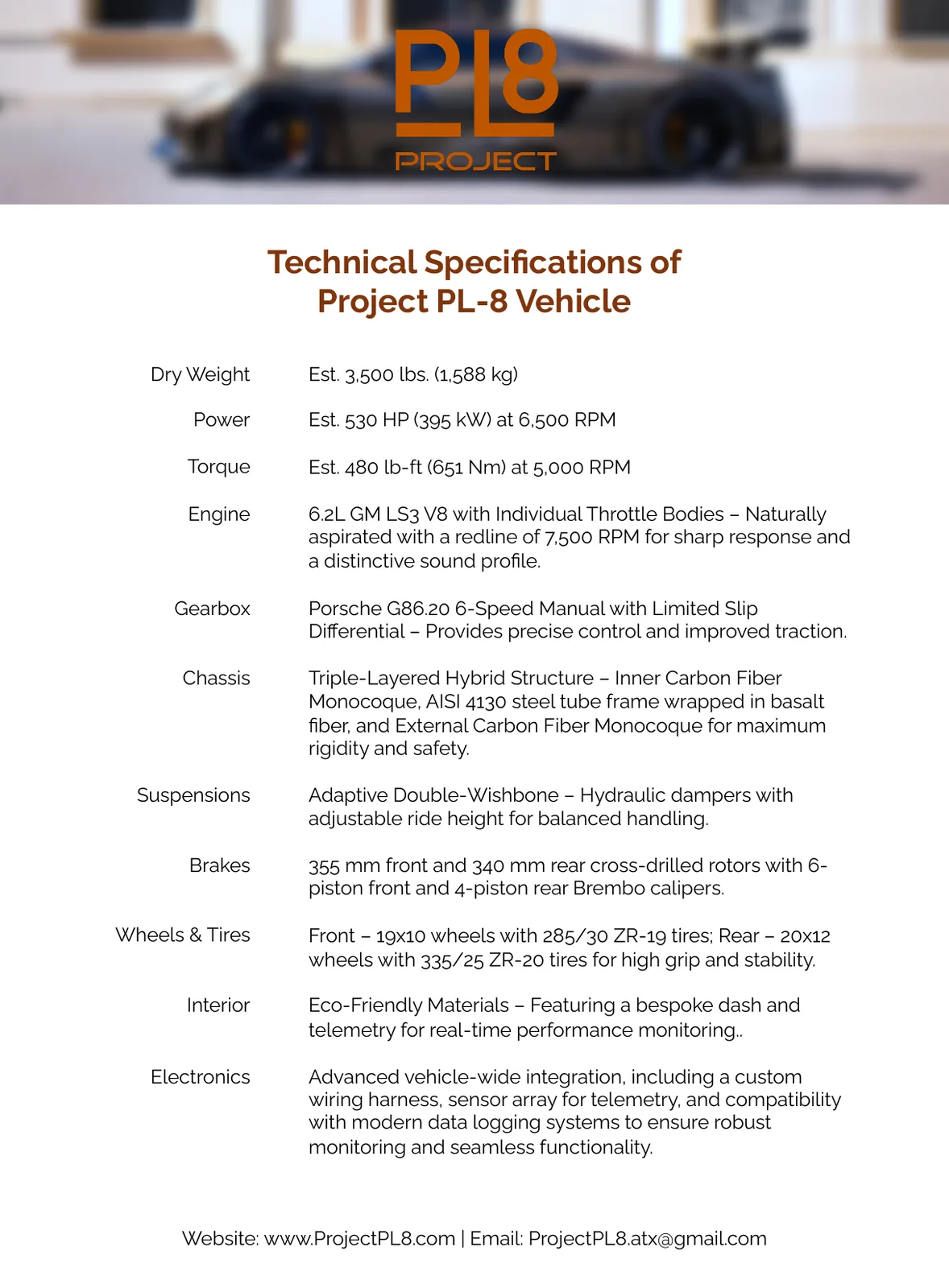 Technical specification sheet for the Project PL-8 vehicle listing estimated dry weight, power, torque, engine, gearbox, chassis, suspension, brakes and wheels