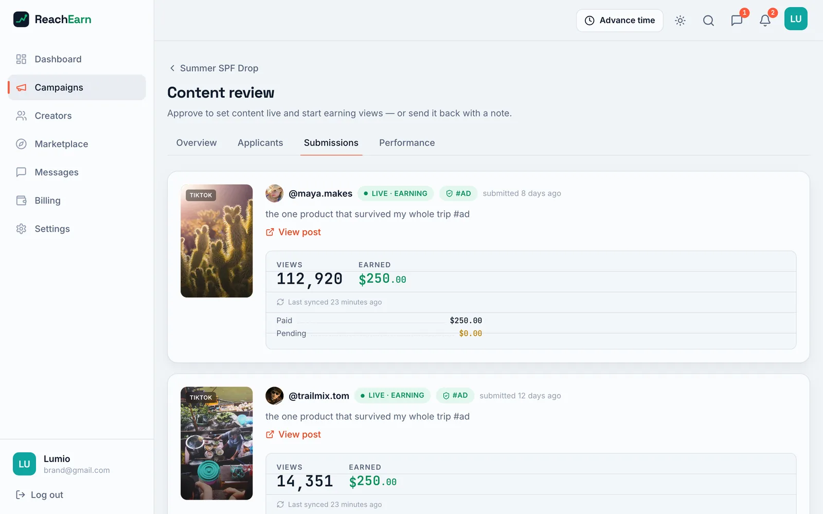 Content review tab showing two TikTok submissions marked Live earning and #AD, each with a thumbnail, a caption, a view count and $250.00 earned