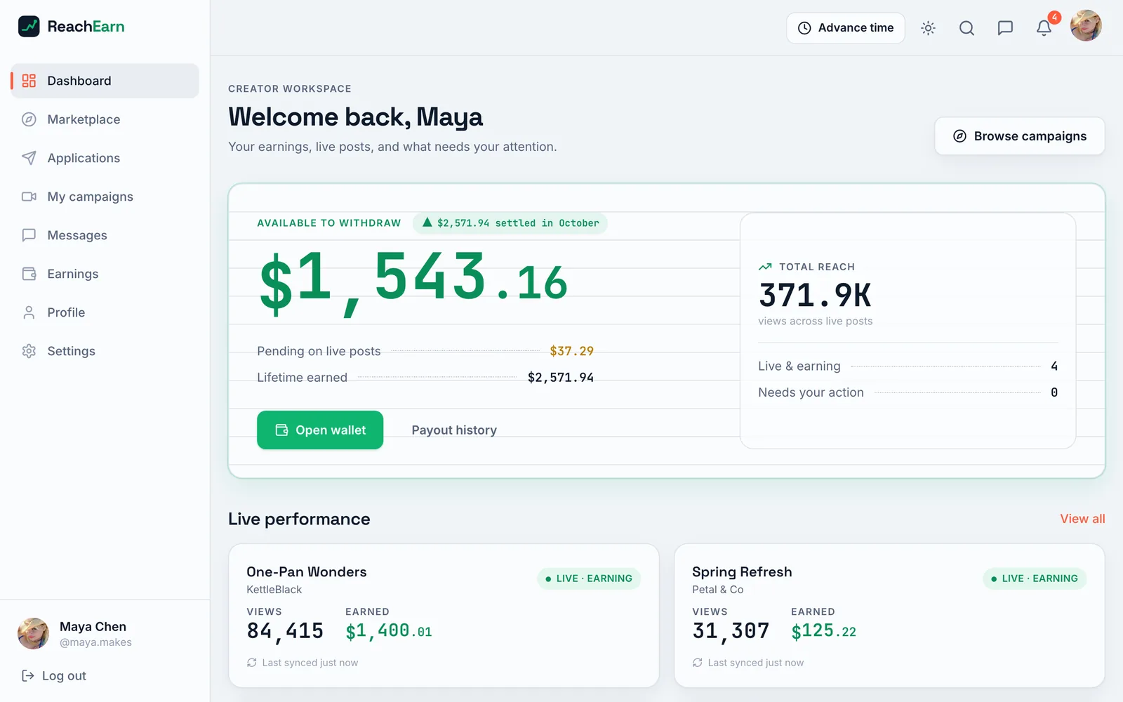 Creator dashboard reading Welcome back, Maya, with $1,543.16 available to withdraw in large green type, pending and lifetime totals, a total reach of 371.9K views, and live performance cards below