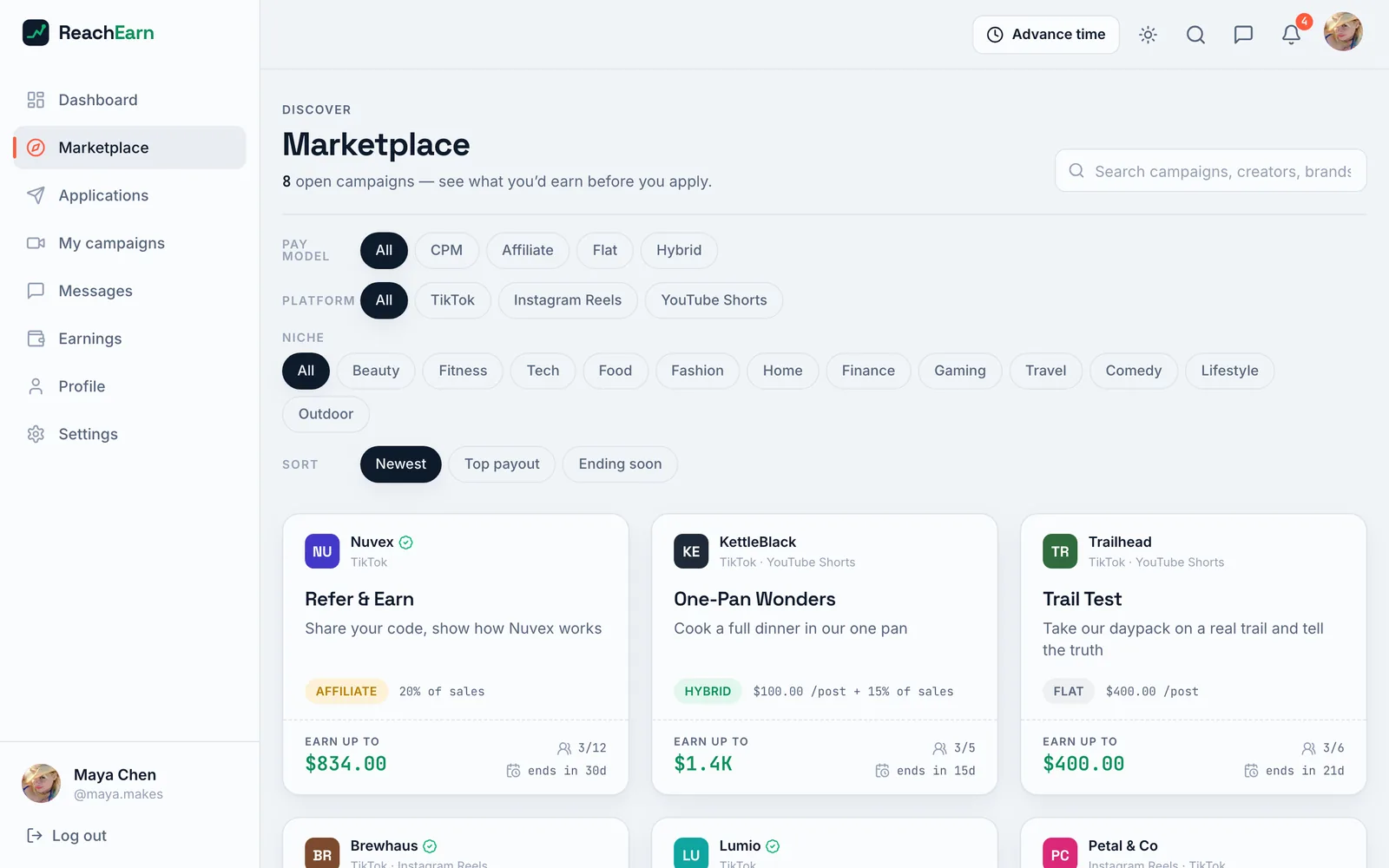 Marketplace page with filter chips for pay model, platform, niche and sort, above campaign cards from Nuvex, KettleBlack and Trailhead showing each pay model and an Earn up to figure