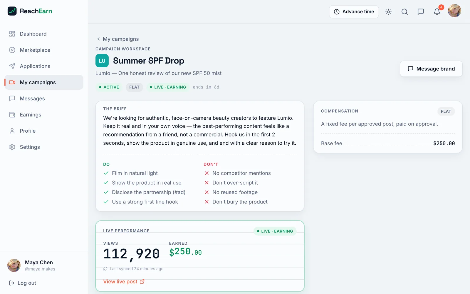 Creator campaign workspace for Summer SPF Drop showing the brief, Do and Don't lists, a flat $250.00 compensation card, and a live performance panel with 112,920 views and $250.00 earned