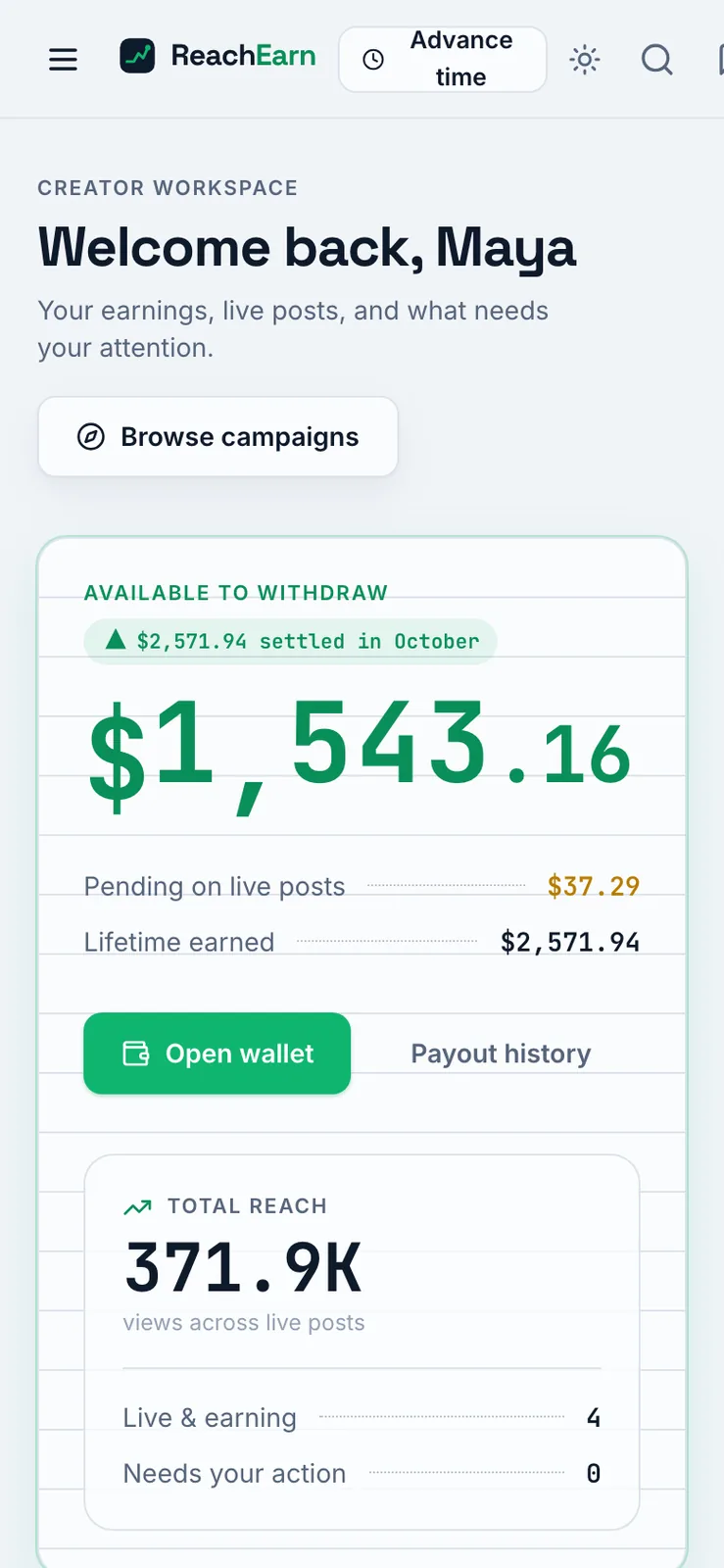 Phone width creator dashboard with a menu button, the logo and a wrapped Advance time button in the top bar, over the $1,543.16 balance card