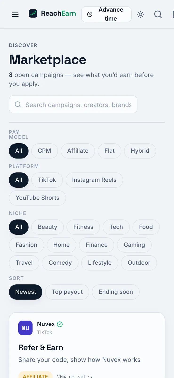 Phone width marketplace page with the filter chips wrapped onto several lines above the first campaign card