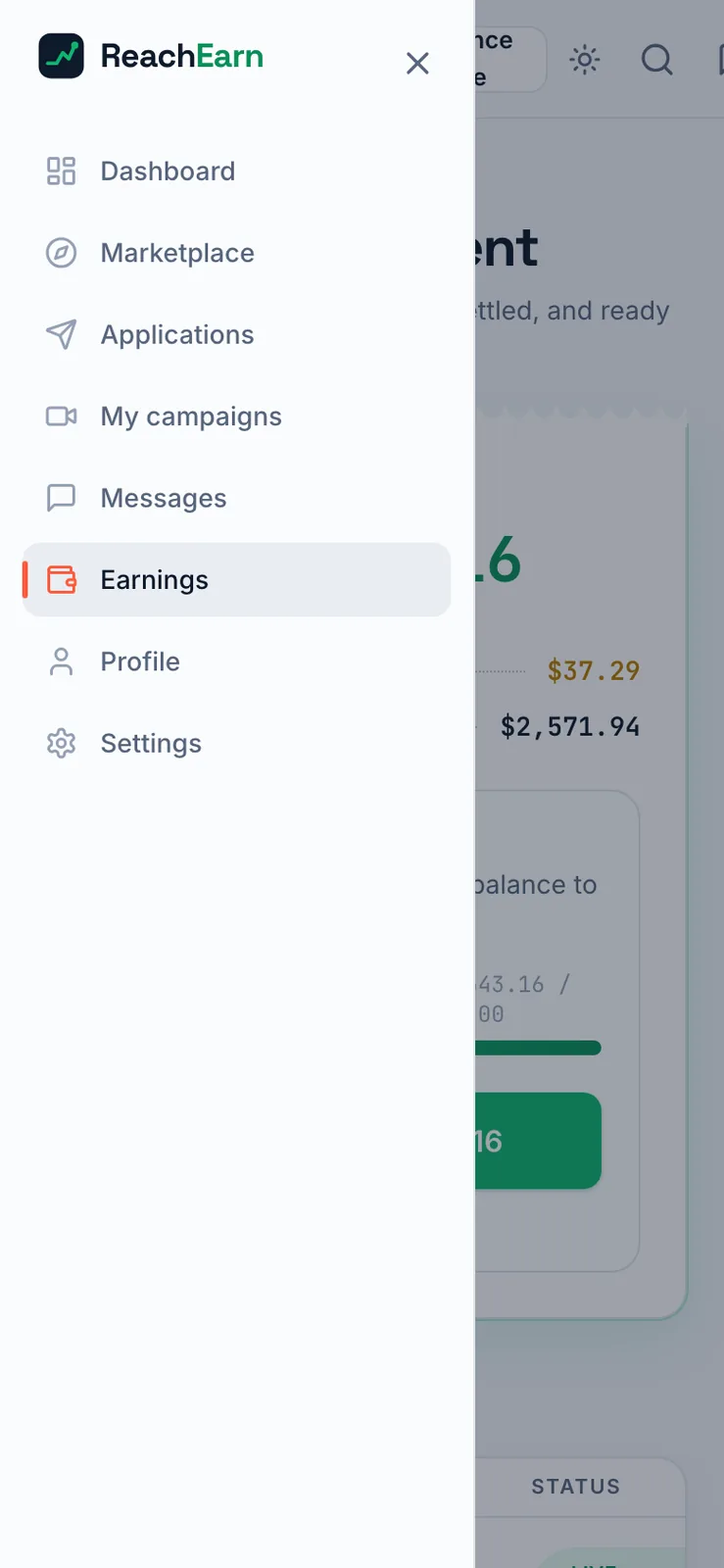 Phone width navigation drawer open on the left listing Dashboard, Marketplace, Applications, My campaigns, Messages, Earnings, Profile and Settings, over a dimmed earnings page