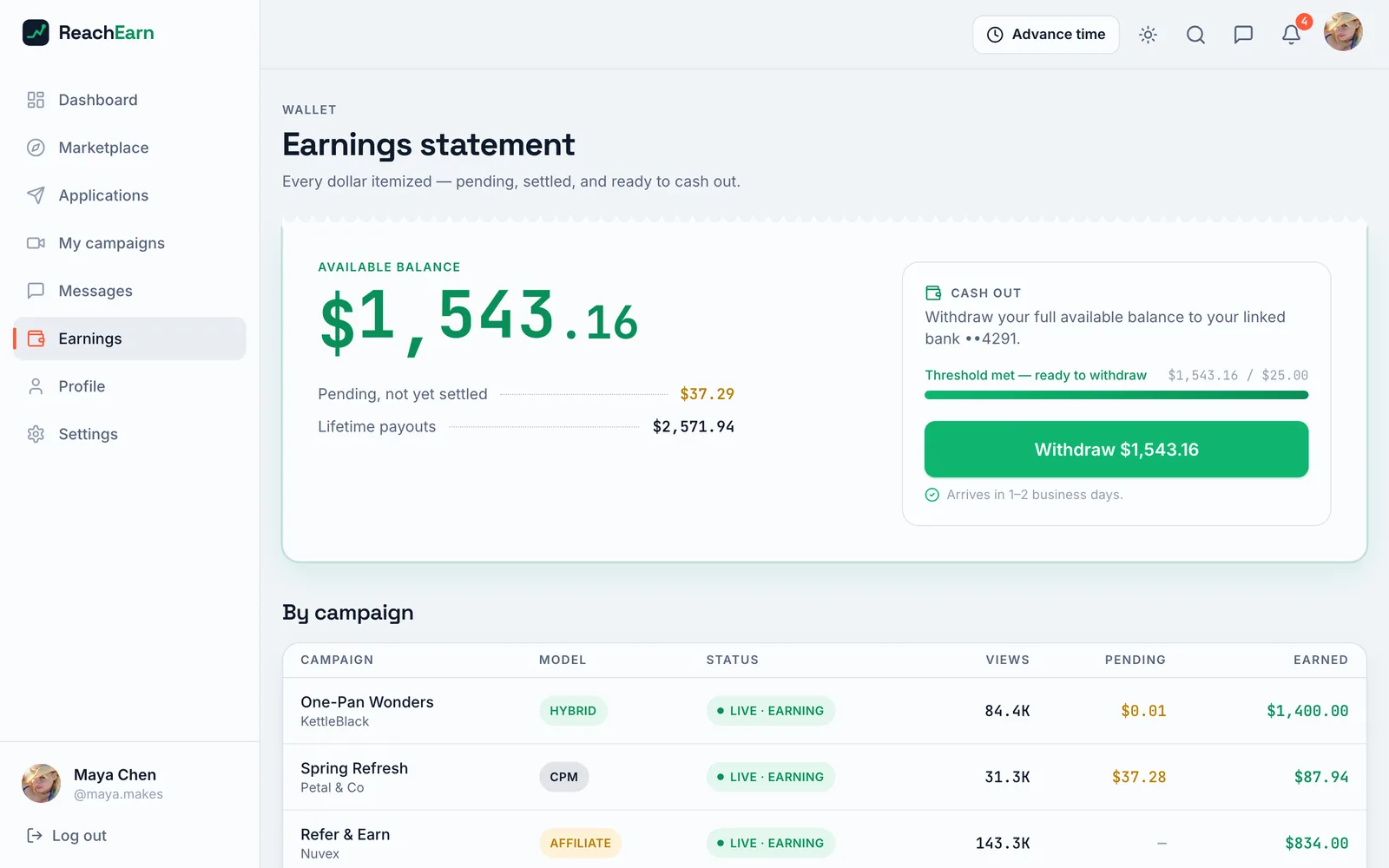 Earnings statement with an available balance of $1,543.16, a cash out panel with a Withdraw button, and a by campaign table listing model, status, views, pending and earned