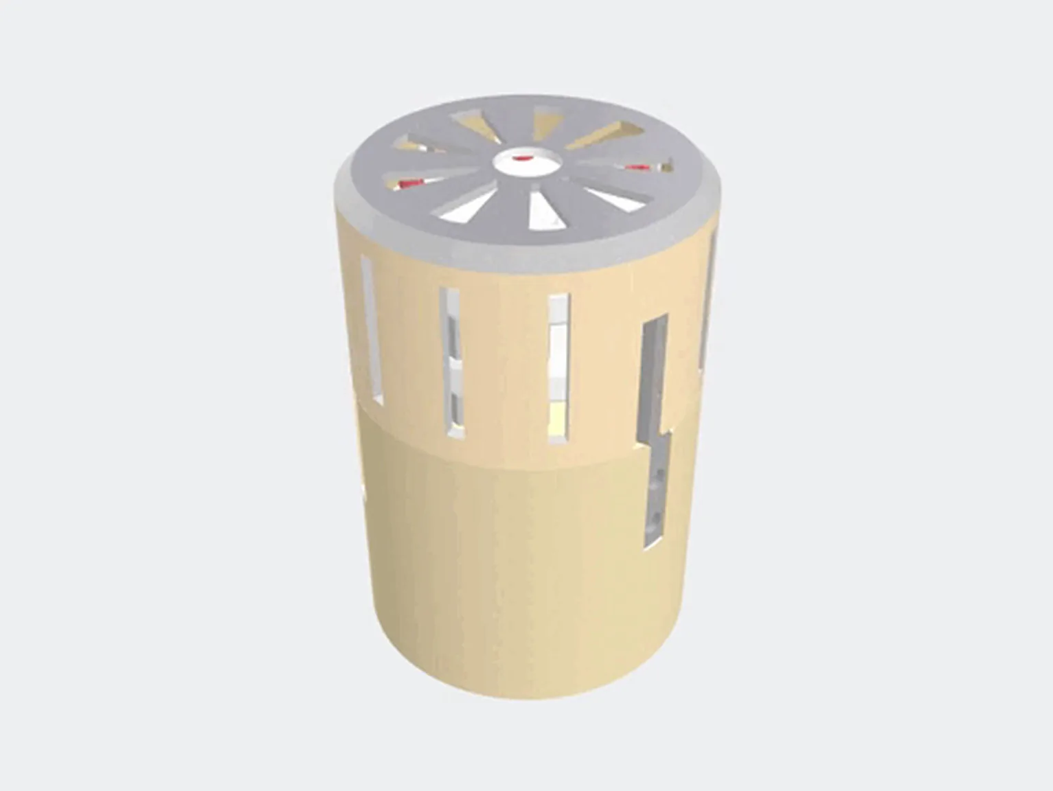 A CAD render of a short tan cylinder with vertical slots cut in its wall and a grey disc with radial openings on top