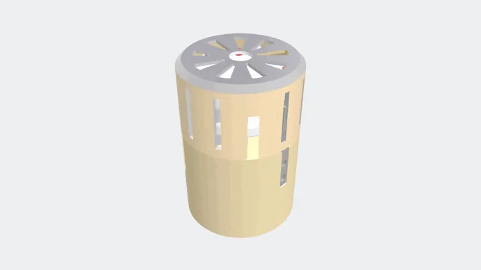 An animation of the cylindrical reaction wheel module disassembling itself, lifting off the top disc, then the plates, standoffs and rails, leaving a small motor on the base