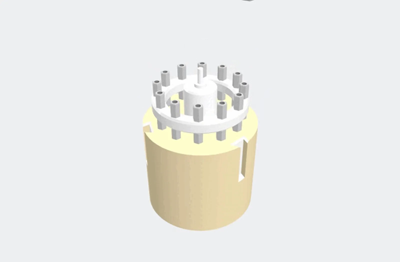 A CAD render of the module with its outer shell removed, showing a white circular plate held above the tube on a ring of short standoffs