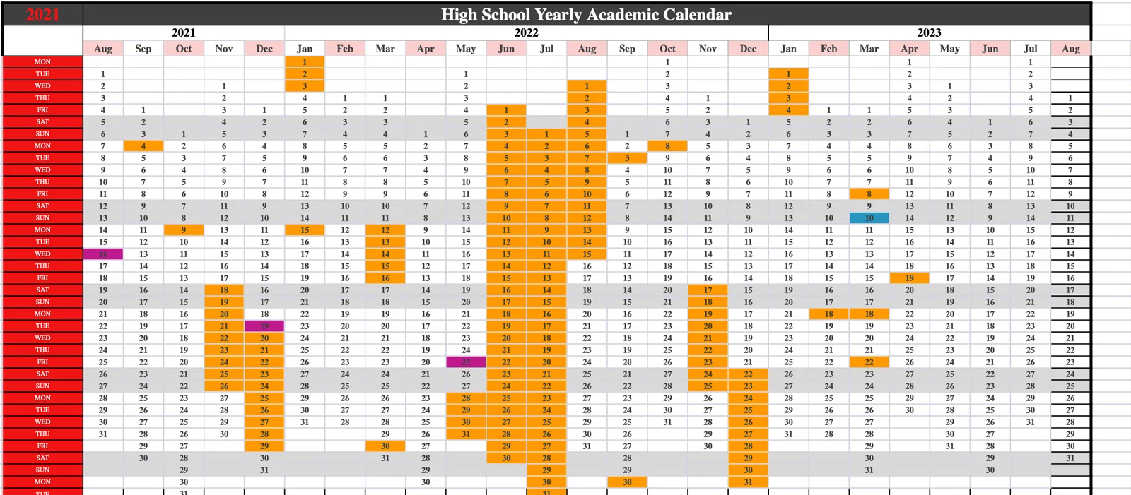 A wide spreadsheet calendar covering 2021 to 2023 month by month, with scattered days highlighted in orange and a few in blue and magenta