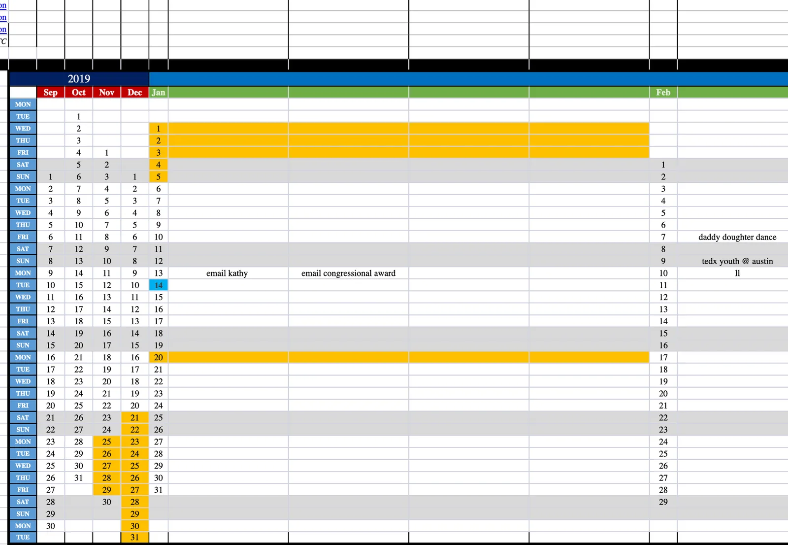 A spreadsheet calendar of the college application year with orange bars across deadline weeks and short handwritten style notes such as email kathy beside certain dates
