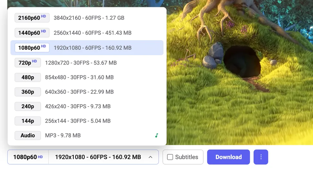 The quality list opened upward over the video, listing 2160p60 down to 144p with resolution, frame rate and megabytes for each, plus an audio MP3 row at the bottom